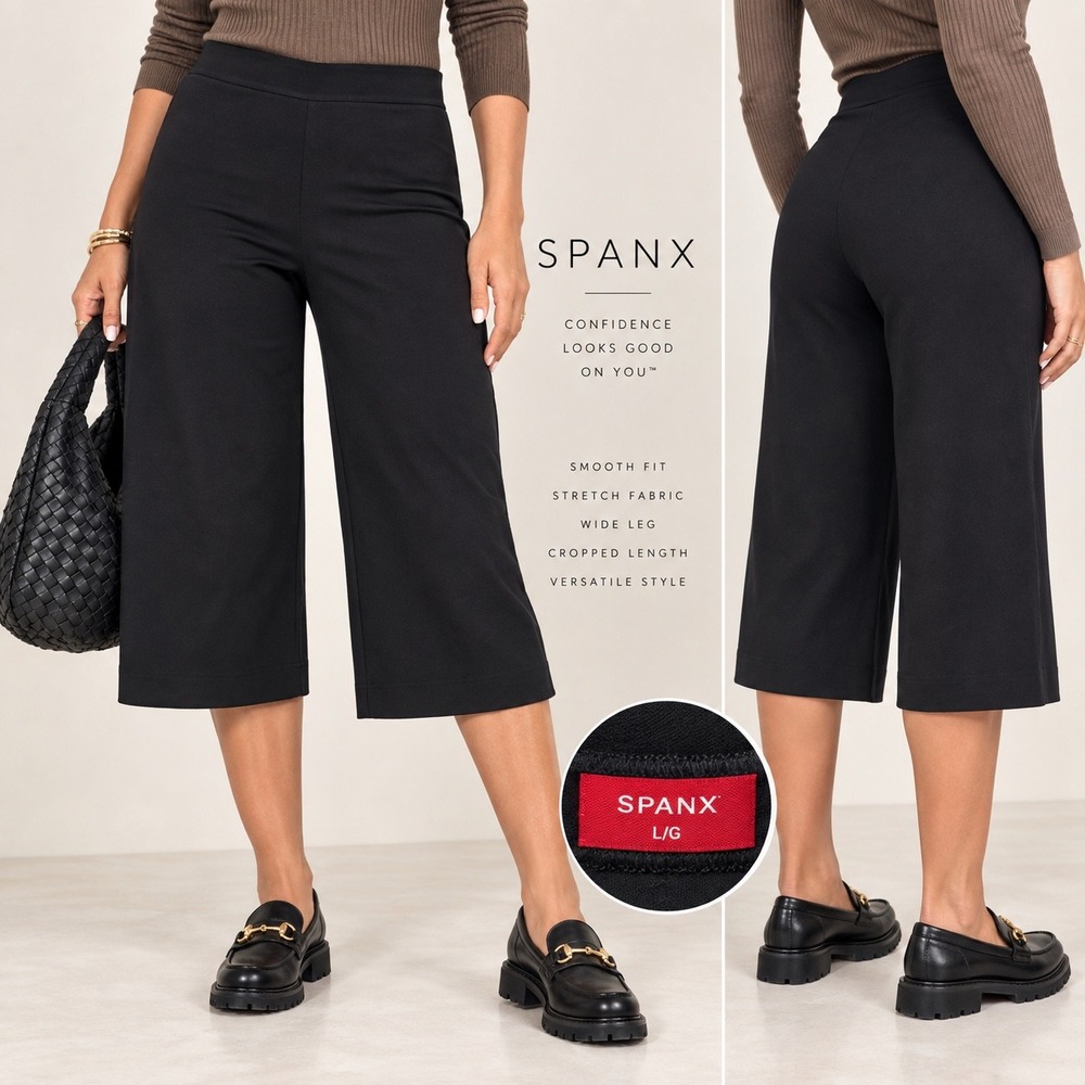 SPANX Womens Large Black Culotte Pants Wide Leg Crop Pull On Stretch Gaucho